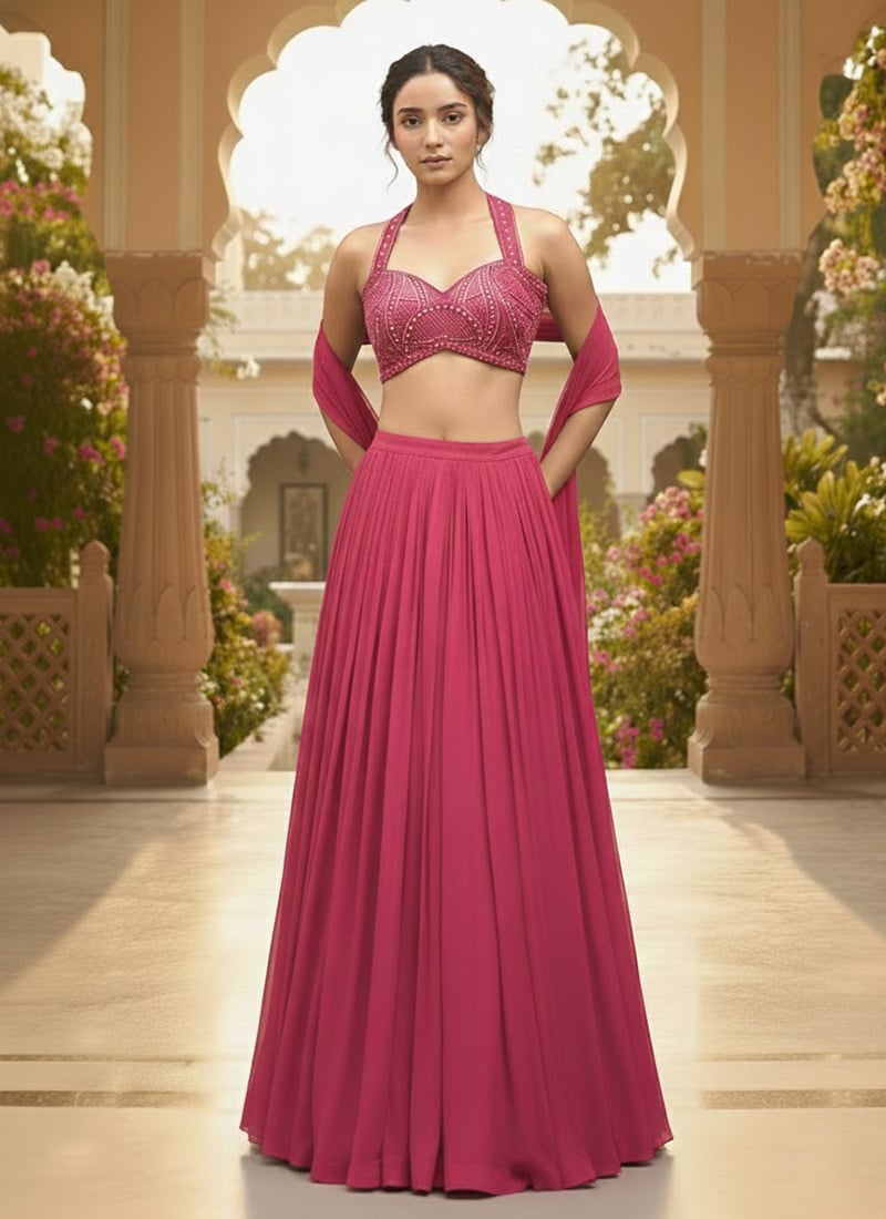 Pink Georgette Hand Embroidered With Beads And Stone Work Lehenga