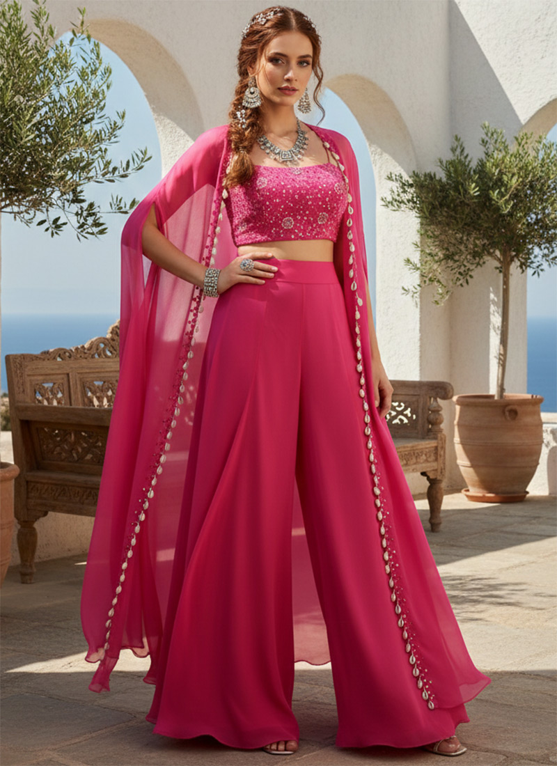 Pink Georgette Hand Embroidered With Beads Work Jacket Palazzo Set Wedding Wear