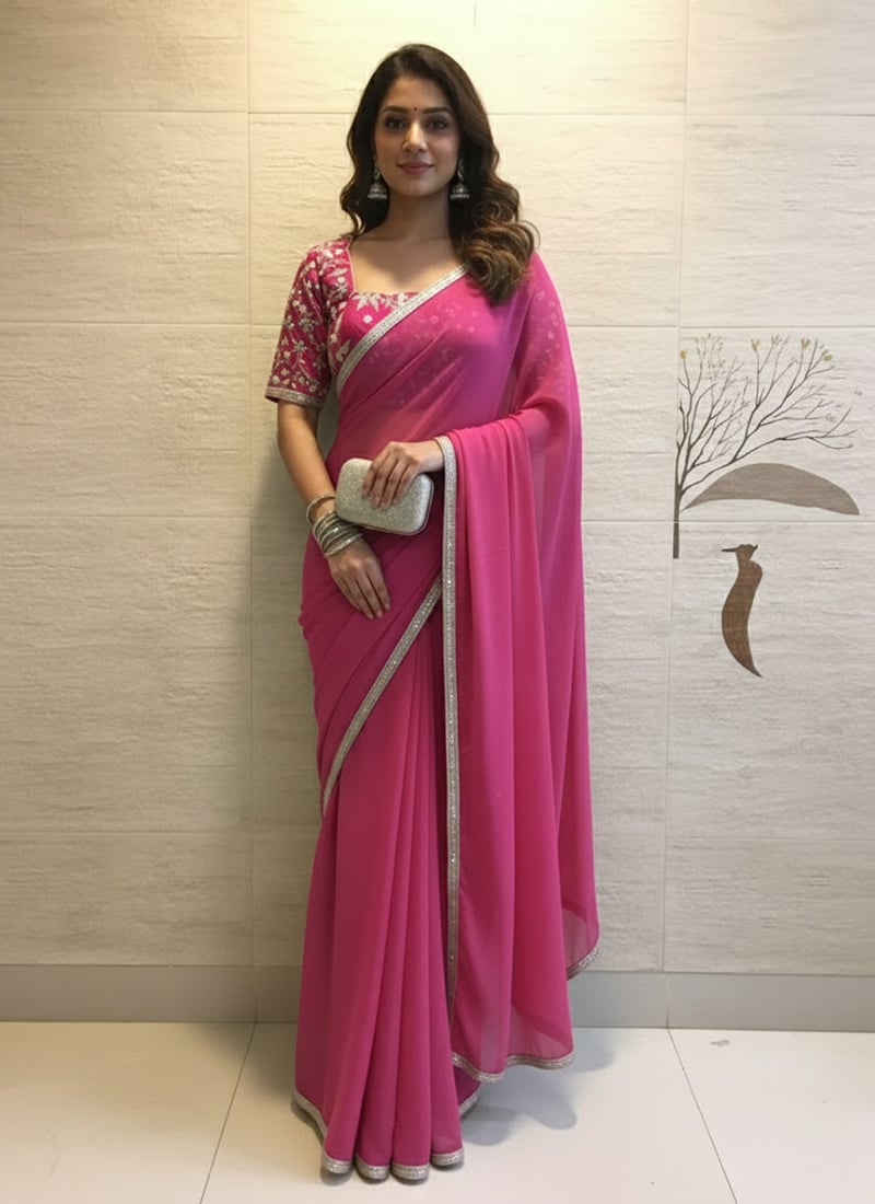 Pink Georgette Hand Embroidered With Beads Work Saree Festive Wear
