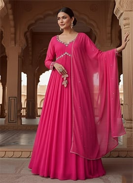 Pink Georgette Hand Embroidered Zari Stones A Line Anarkali Suit