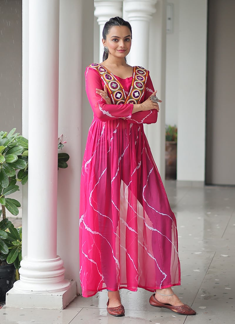 Pink Georgette Leheriya Print With Kutch Patch Work Long Kurti