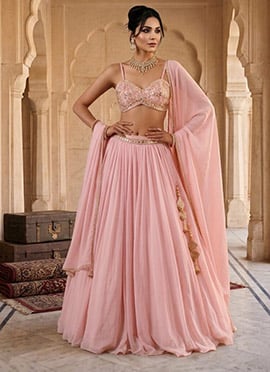Pink Georgette Mirror Work Hand Embroidered Cut Dana Lehenga