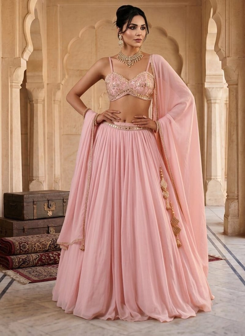 Pink Georgette Mirror Work Hand Embroidered Cut Dana Lehenga Wedding Wear