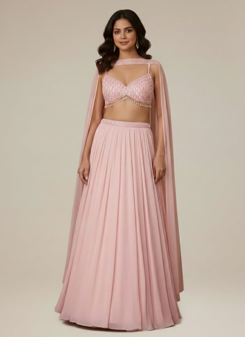 Pink Georgette Mirror Work Hand Embroidered Umbrella Lehenga Wedding Wear