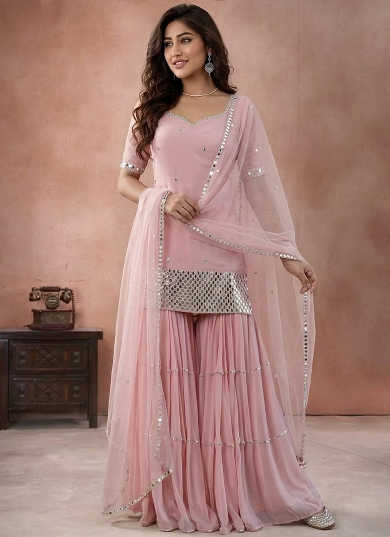 Pink Georgette Mirror Work With Zari Embroidered Palazzo Suit Festive Wear