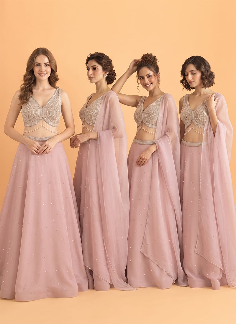 Pink Georgette Poth Cutdana Sequins Hand Embroidery Lehenga Wedding Wear