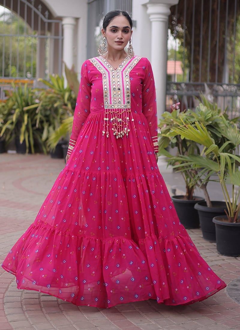 Pink Georgette Printed Kutchi Patch Work Indowestern Gown Festive Wear