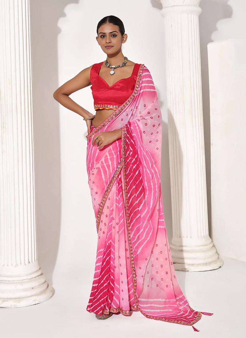 Pink Georgette Printed Saree With Embroidery