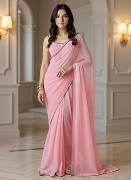 Pink Georgette Ready Lace Mirror Saree