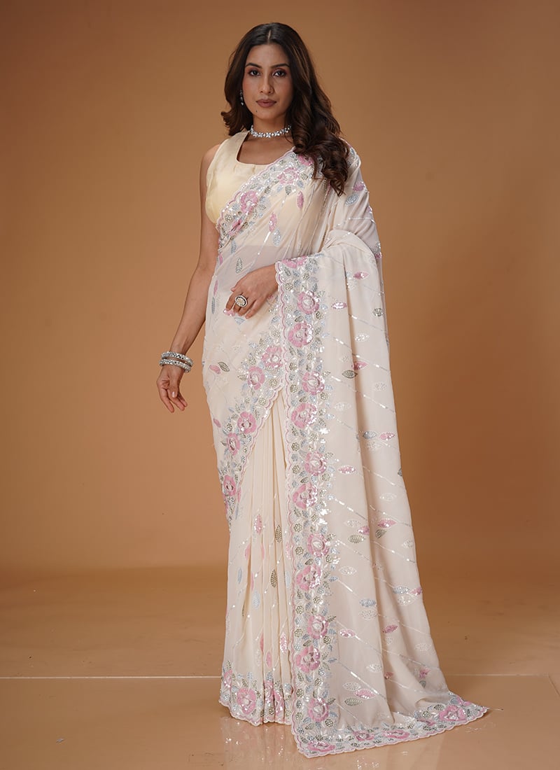 Pink Georgette Resham Hand Embroidered Sequins With Stone Work Saree
