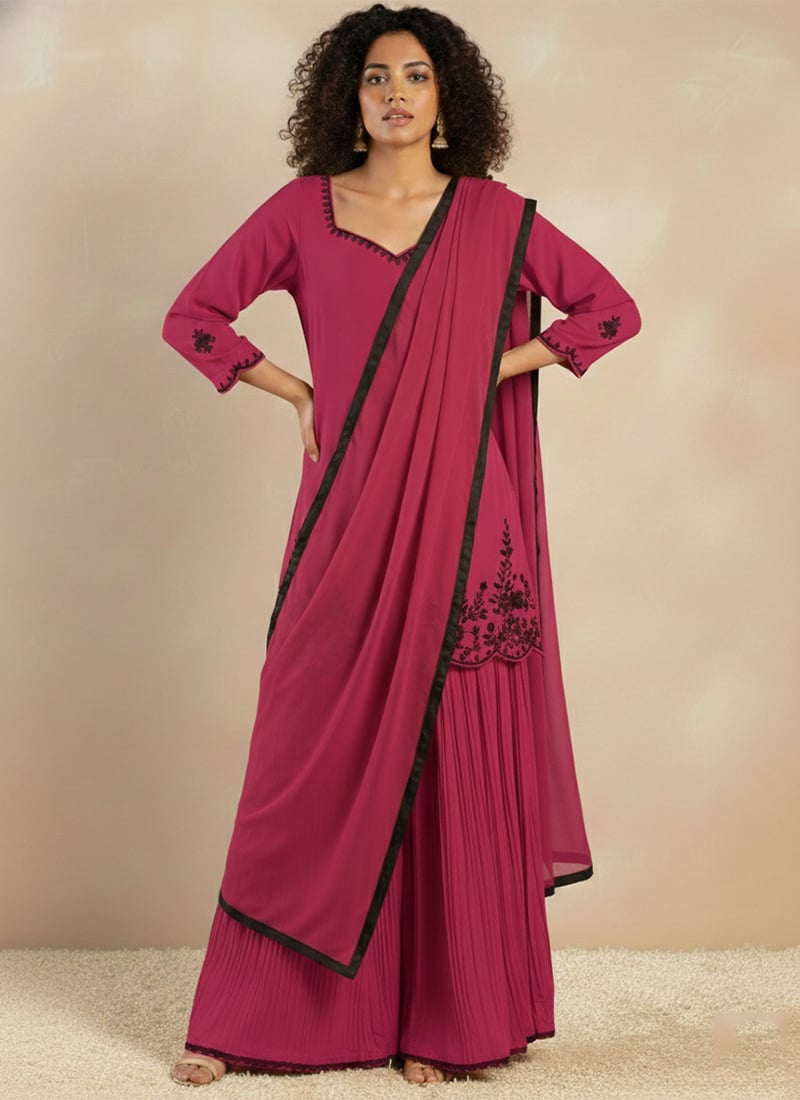 Pink Georgette Resham Palazzo Suit Festive Wear