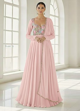 Pink Georgette Resham Sequins Stones Anarkali Suit
