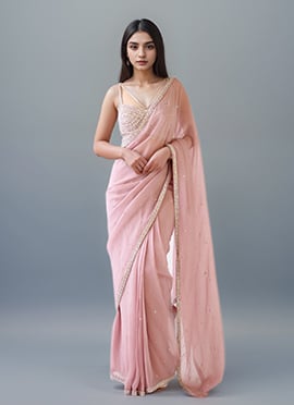Pink Georgette Sequins And  Stone Hand Embroidered Saree