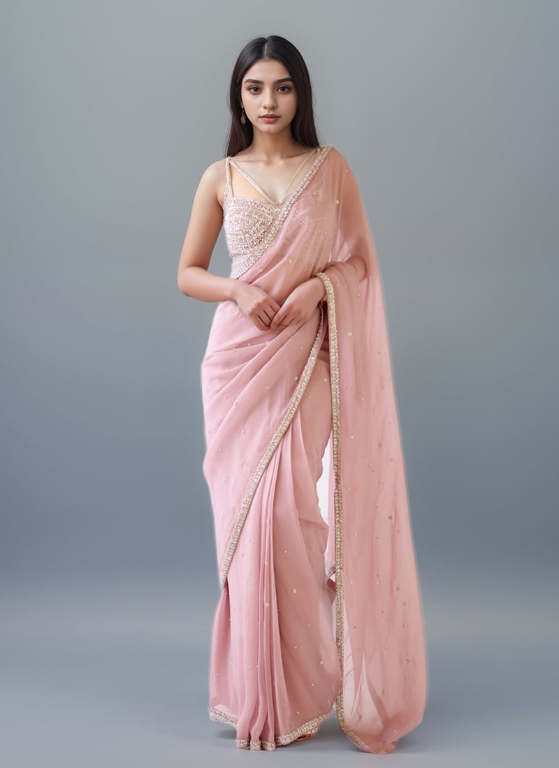 Pink Georgette Sequins And  Stone Hand Embroidered Saree Wedding Wear