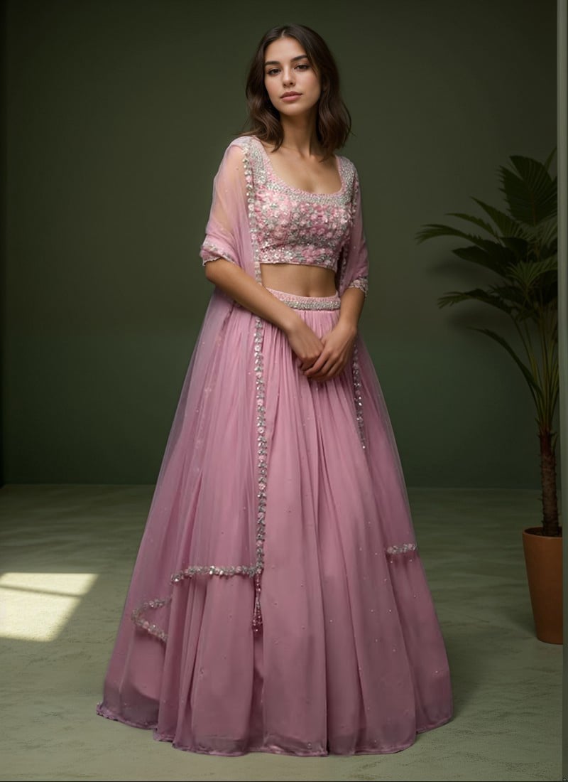 Pink Georgette Sequins And Moti Hand Embroidered Lehenga