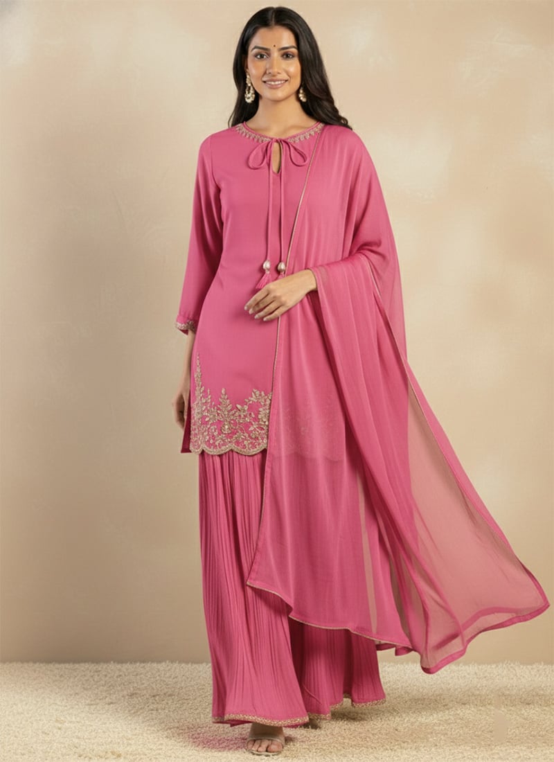 Pink Georgette Sequins Beads Cutdana Hand Embroidered Palazzo Suit Festive Wear