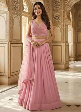 Pink Georgette Sequins Hand Embroidered Lehenga
