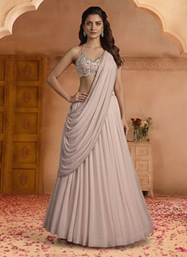 Pink Georgette Sequins Hand Embroidered Lehenga