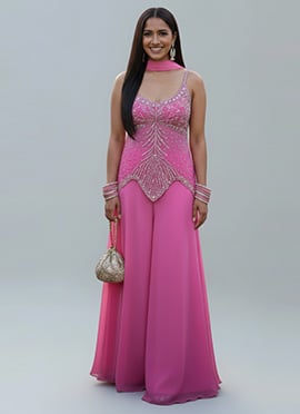 Pink Georgette Sequins Hand Embroidered Palazzo Suit