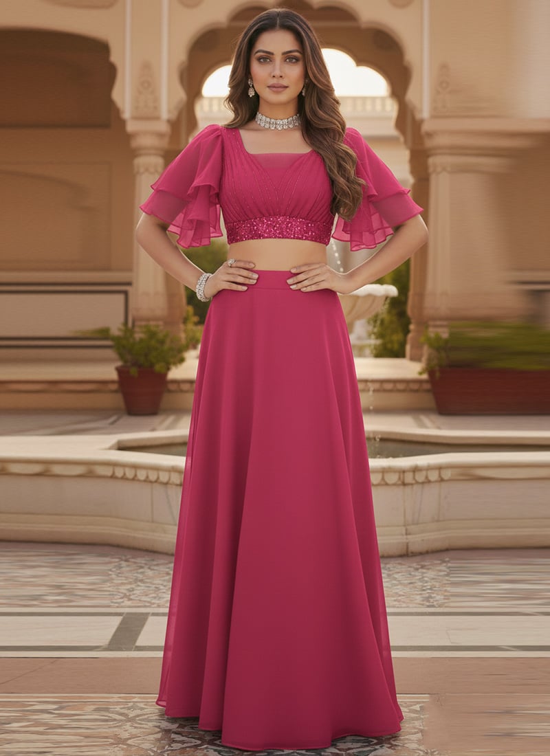 Pink Georgette Sequins Indowestern Skirt Set Wedding Wear