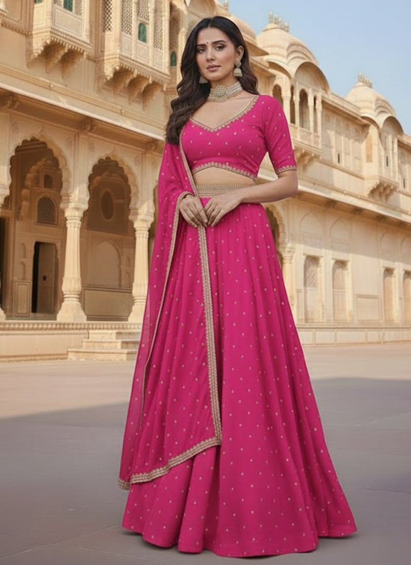 Pink Georgette Sequins Lehenga Wedding Wear