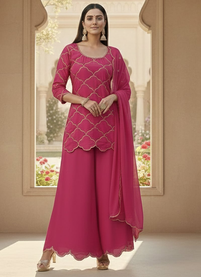 Pink Georgette Sequins Palazzo Suit Festive Wear