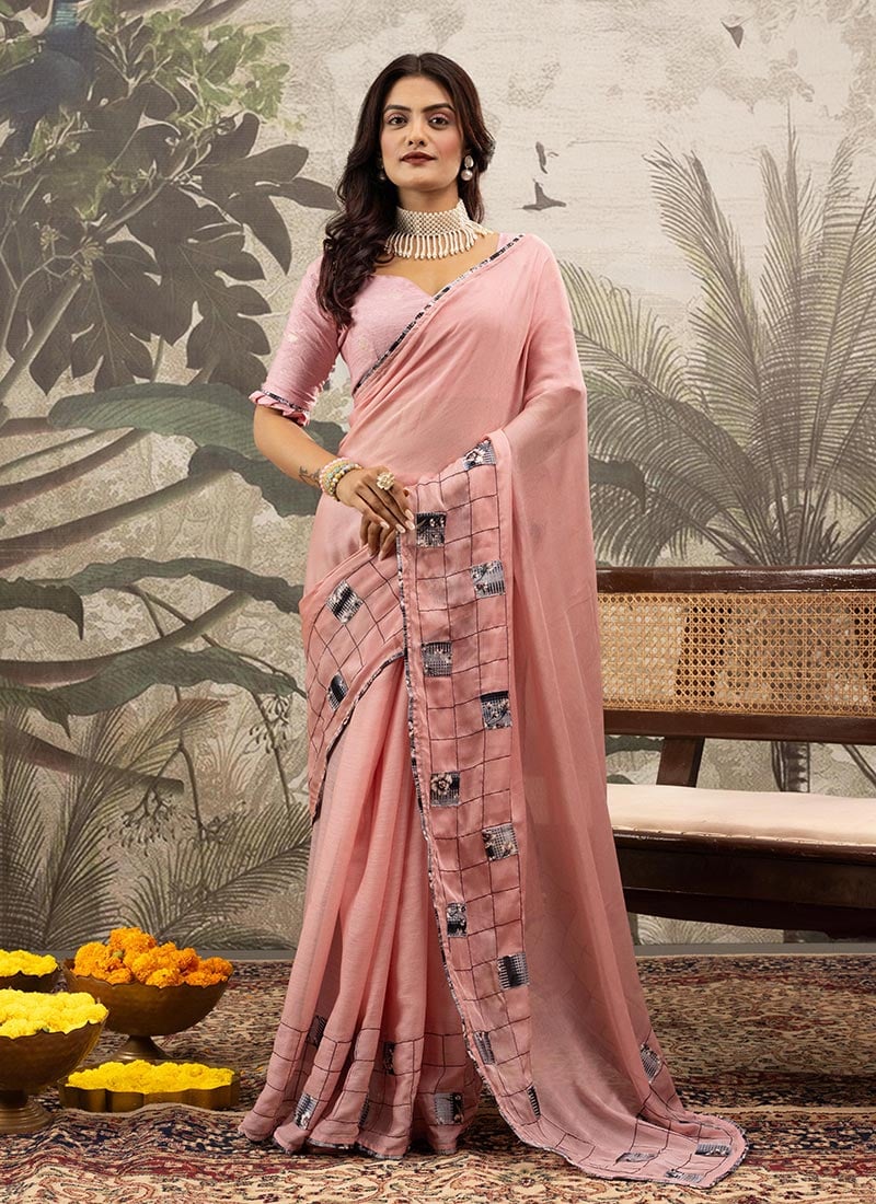 Pink Georgette Sequins Saree