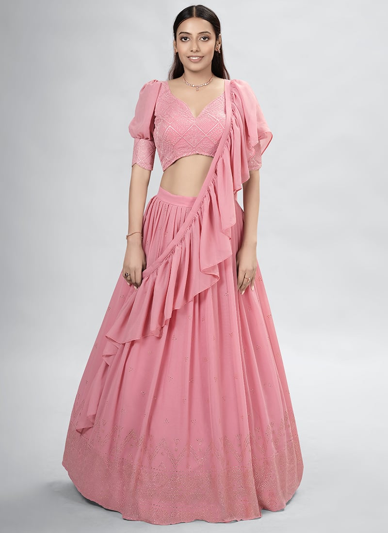 Pink Georgette Sequins Umbrella Lehenga Party Wear