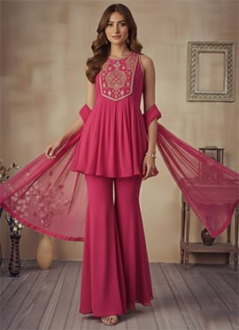 Pink Georgette Sequins Zari Cutdana Hand Embroidered Palazzo Suit