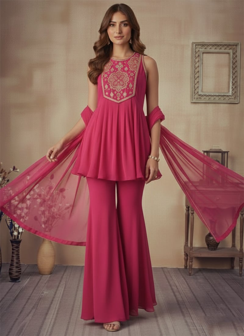 Pink Georgette Sequins Zari Cutdana Hand Embroidered Palazzo Suit Festive Wear