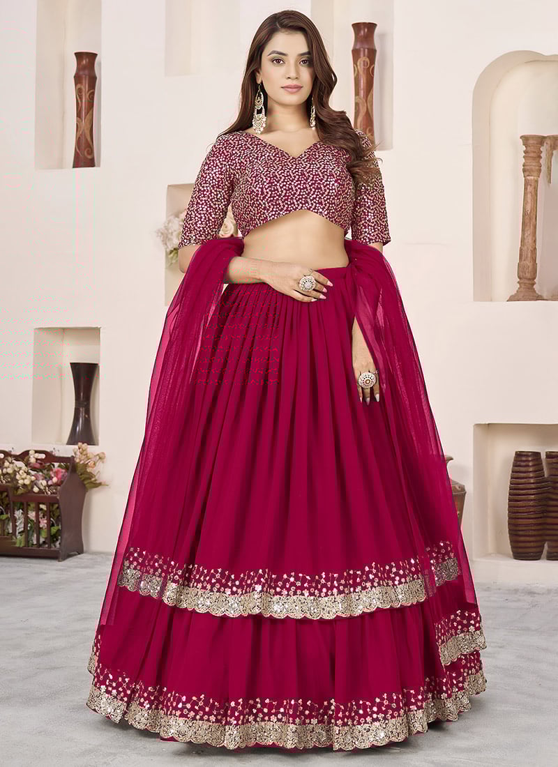 Pink Georgette Sequins Zari Embroidered Lehenga Wedding Wear