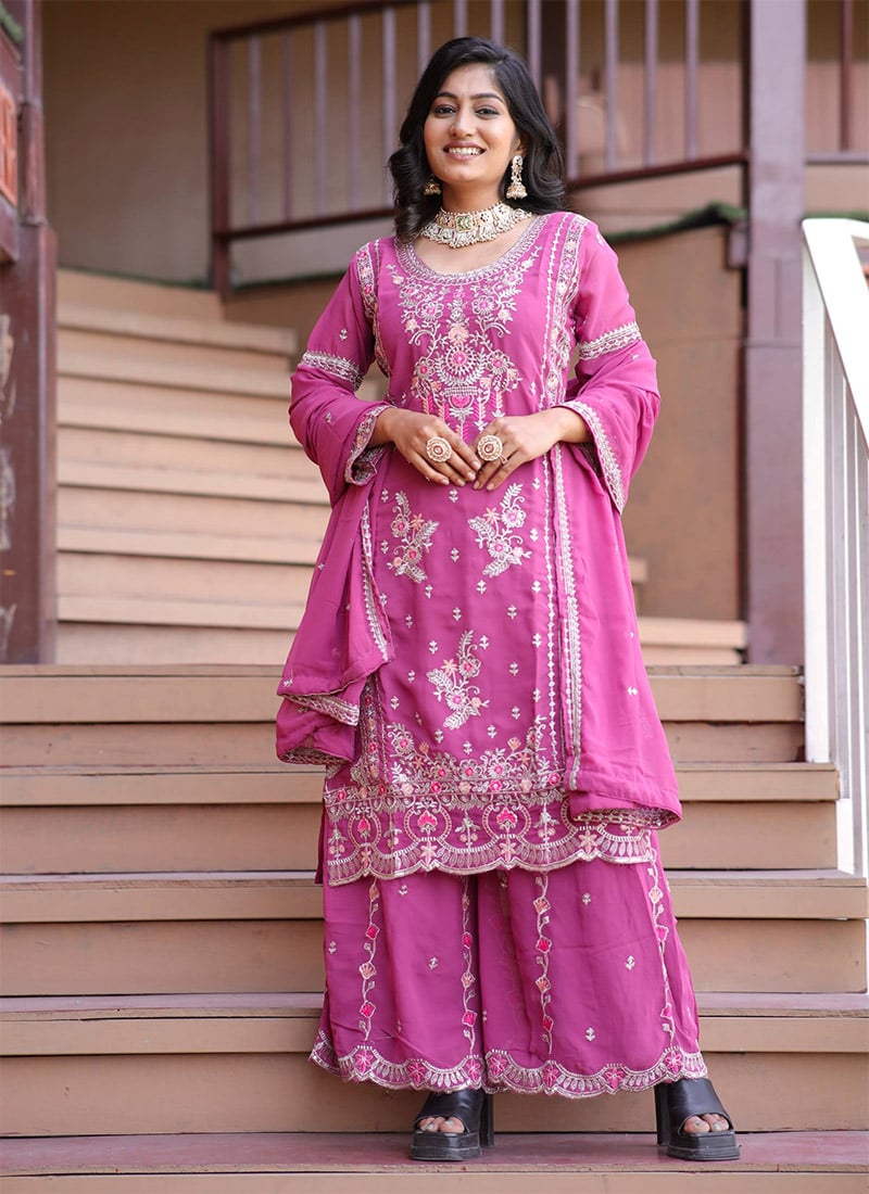 Pink Georgette Silk Embroidered Sequins Palazzo Suit Festive Wear