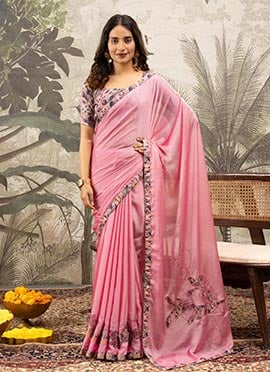 Pink Georgette Silk Printed And Tikki Work Saree