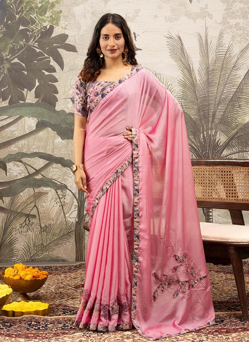 Pink Georgette Silk Printed And Tikki Work Saree After Six Wear