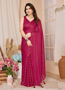 Pink Georgette Stone Embossed Pre Draped Classic Saree With Blouse