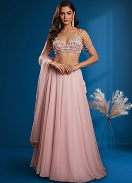 Pink Georgette Stones Beads Hand Embroidered Lehenga