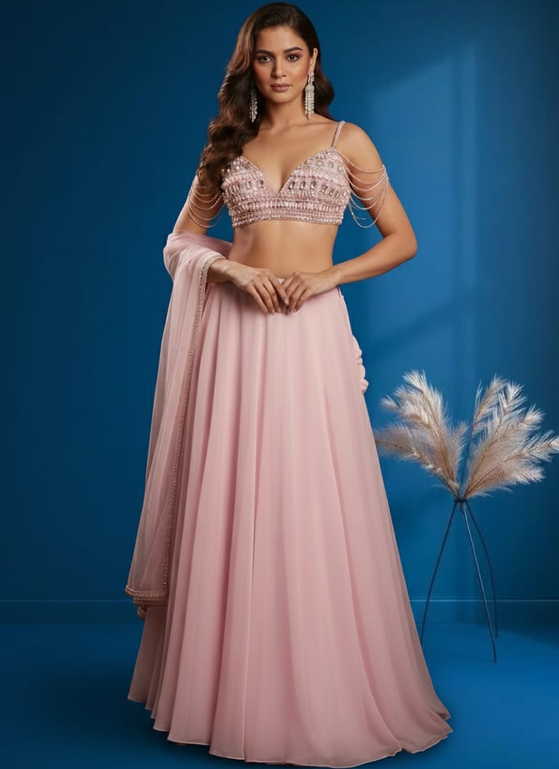 Pink Georgette Stones Beads Hand Embroidered Lehenga Wedding Wear