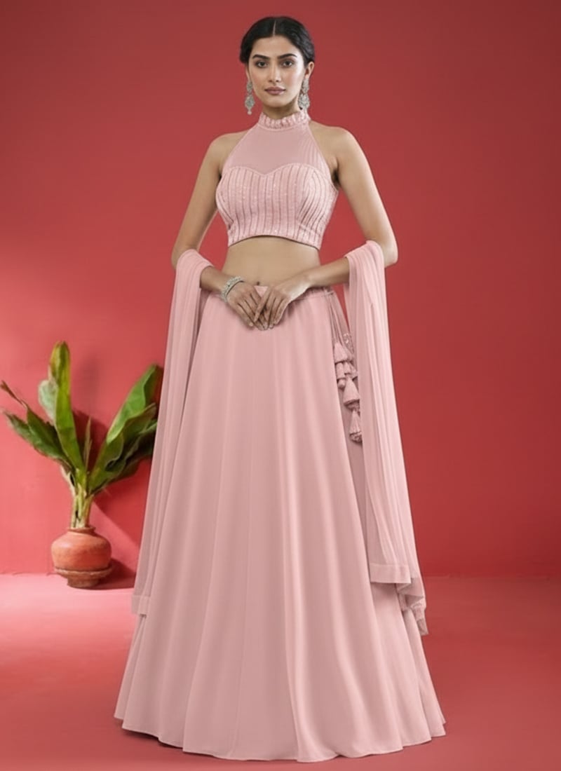 Pink Georgette Stones Hand Embroidered Lehenga