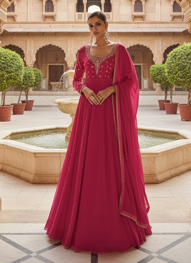Pink Georgette Zari And Sequins Hand Embroidered Anarkali Suit Festive Wear