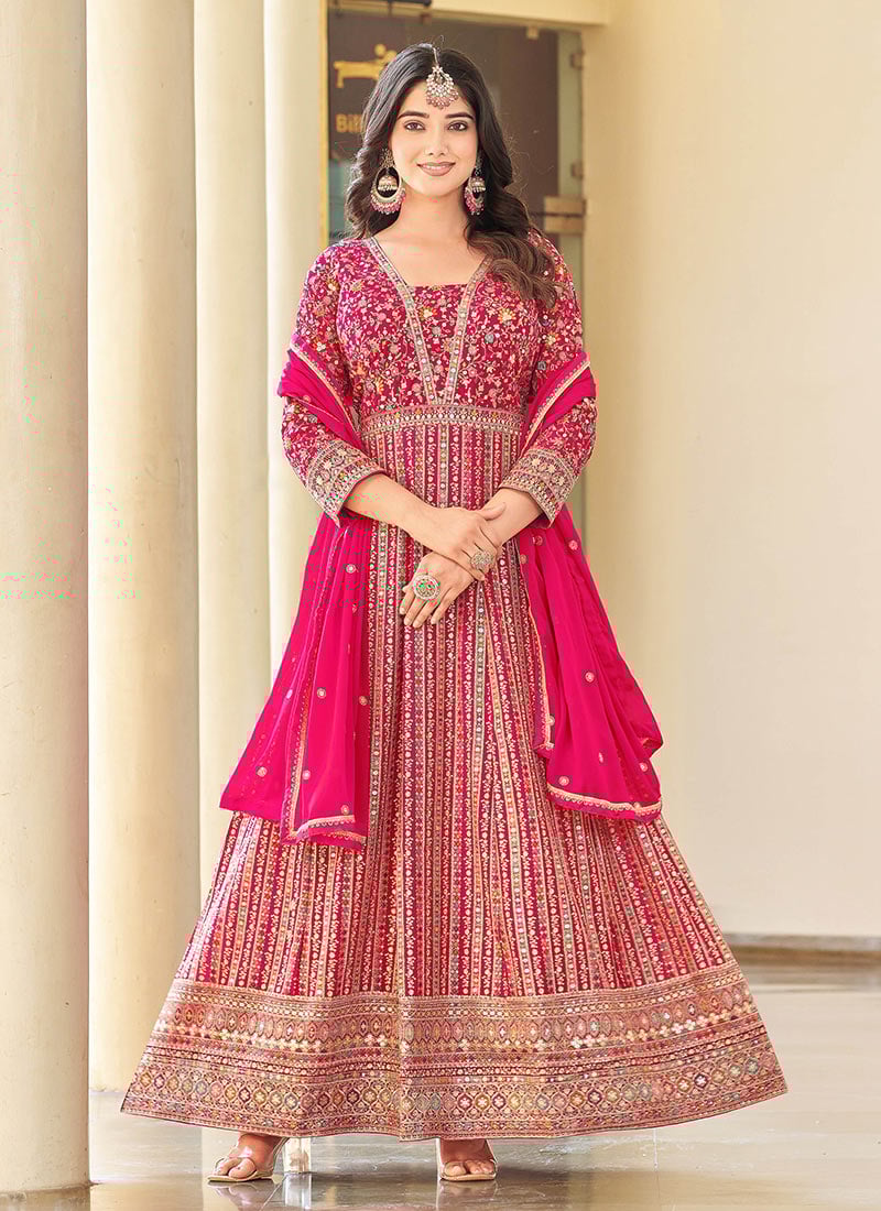 Pink Georgette Zari And Thread Embroidered Sequins Anarkali Suit Festive Wear