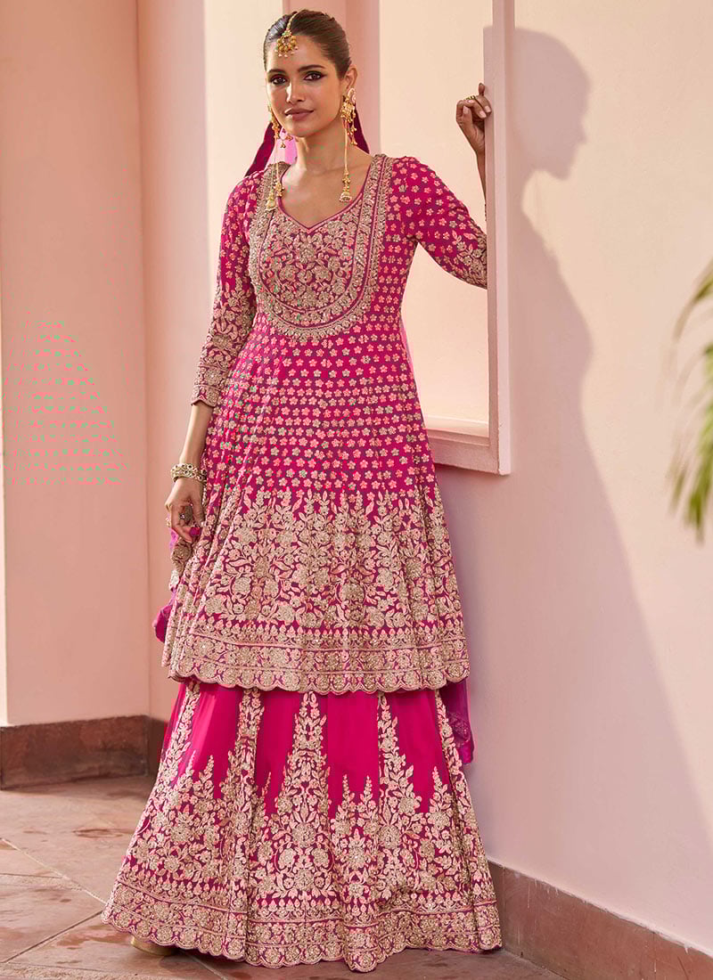 Pink Georgette Zari Embroidered Sequins Anarkali Lehenga  Wedding Wear