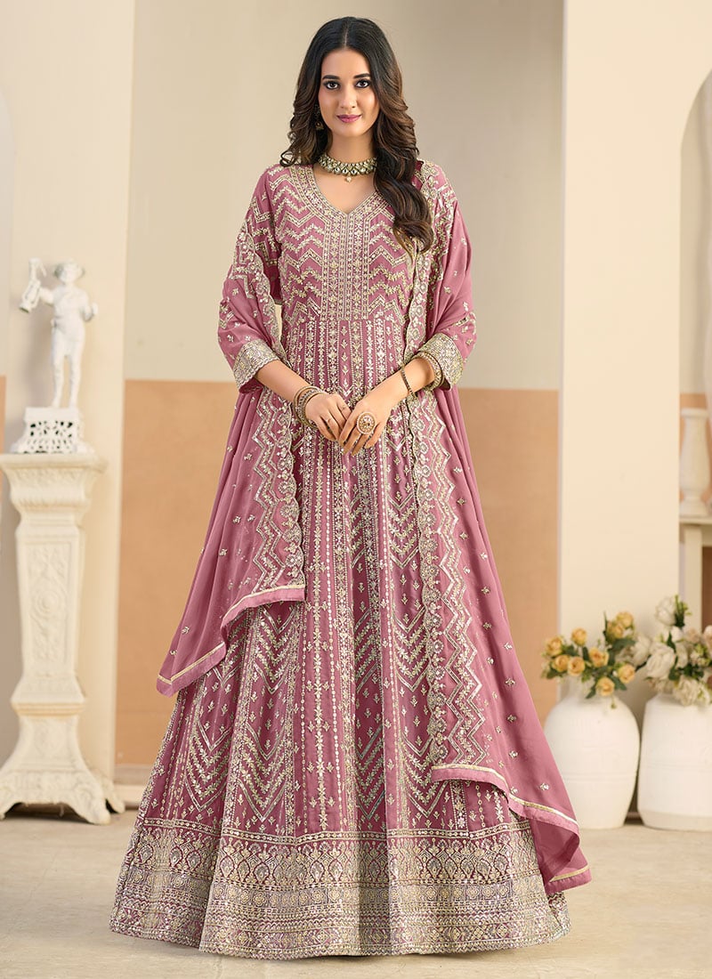 Pink Georgette Zari Embroidered Sequins Anarkali Suit Festive Wear