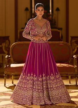 Pink Georgette Zari Embroidered Sequins Indowestern Jacket Skirt Set