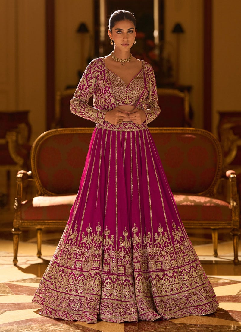 Pink Georgette Zari Embroidered Sequins Indowestern Jacket Skirt Set Wedding Wear