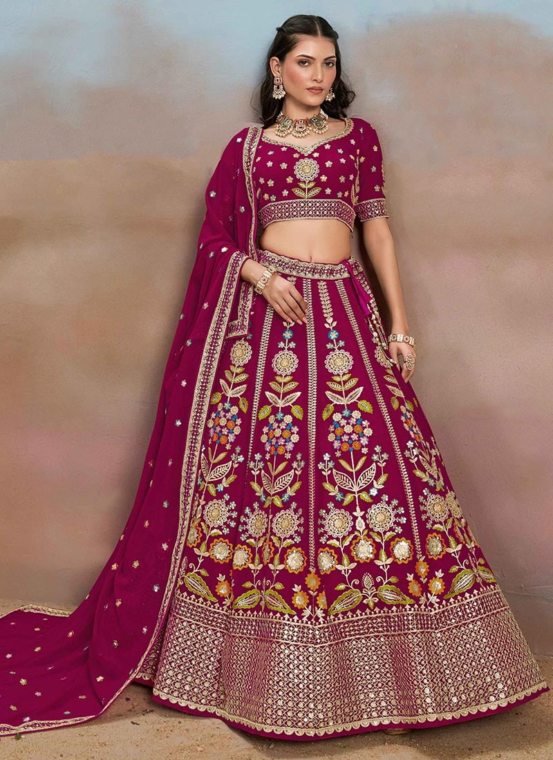 Pink Georgette Zari Embroidered Sequins Lehenga Wedding Wear