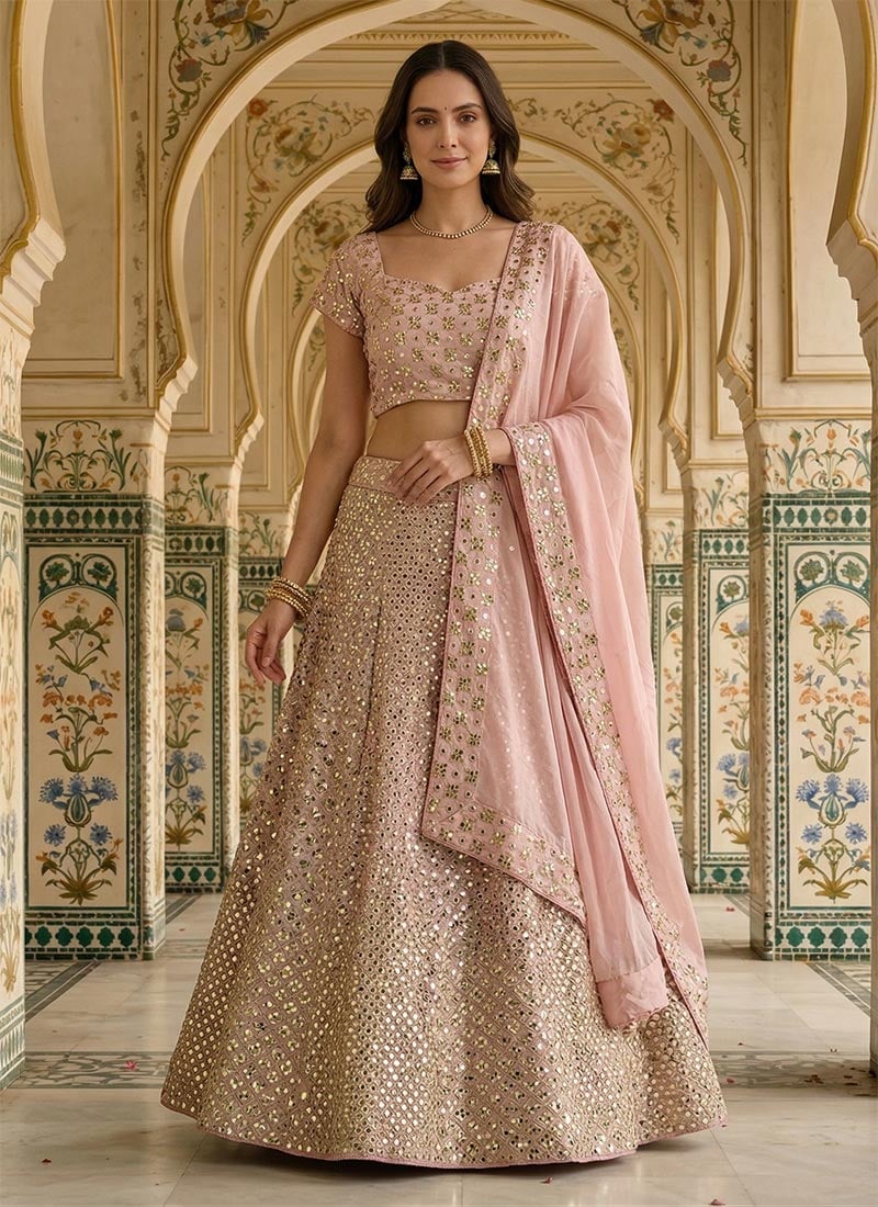Pink Georgette Zari Embroidered Sequins Lehenga Wedding Wear