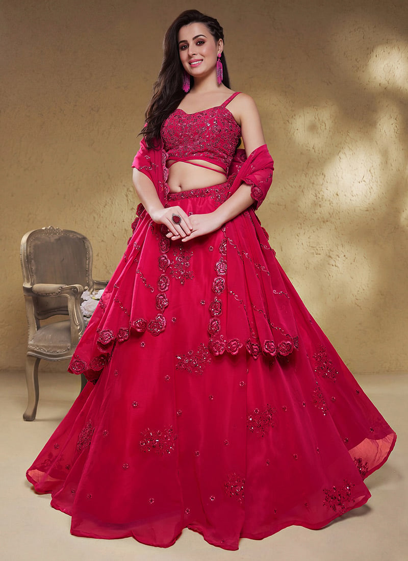 Pink Georgette Zari Embroidered Sequins Lehenga Wedding Wear