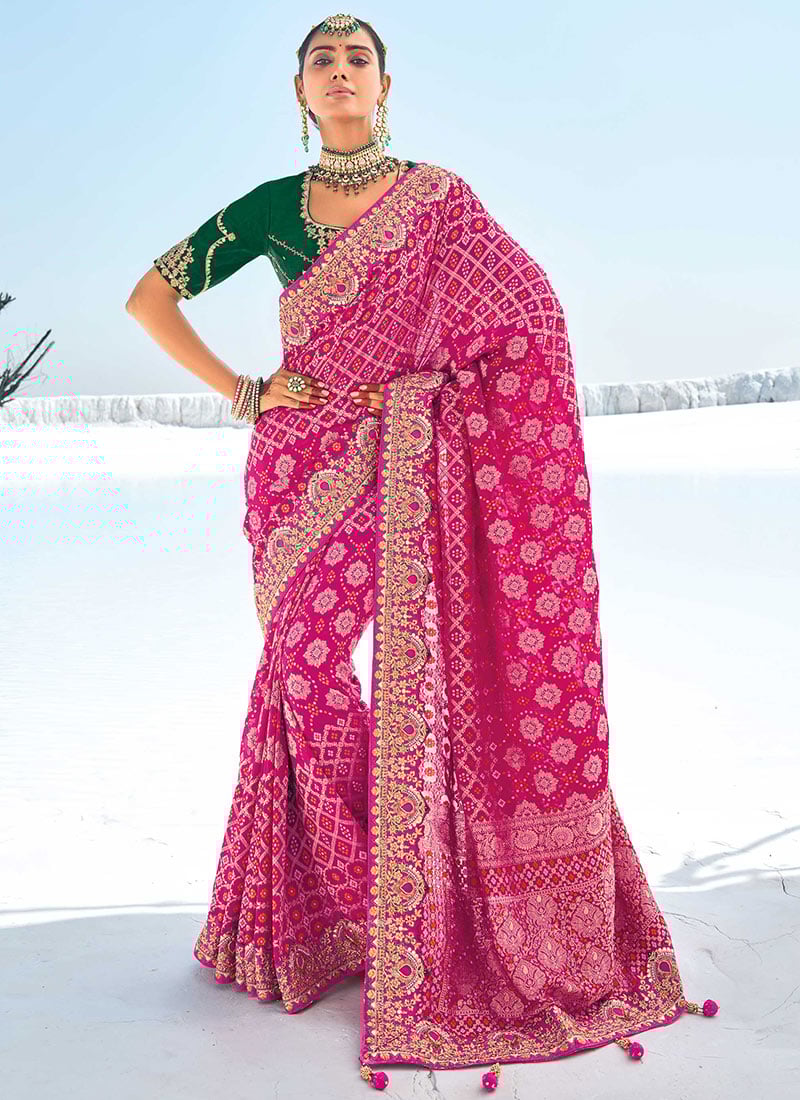 Pink Georgette Zari Embroidered Sequins Stone Work Regal Saree Wedding Wear