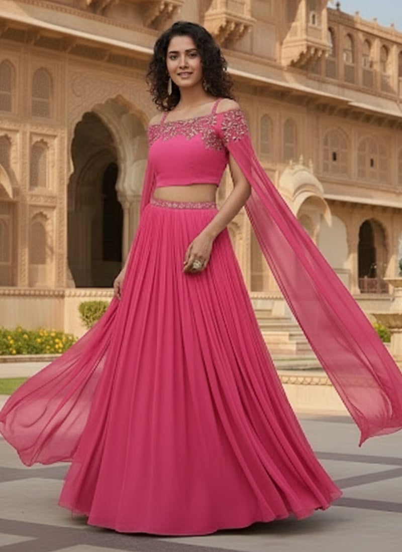 Pink Georgette Zari Hand Embroidered Indowestern Skirt Set Wedding Wear