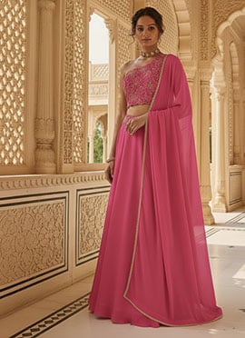 Pink Georgette Zari Hand Embroidered Lehenga